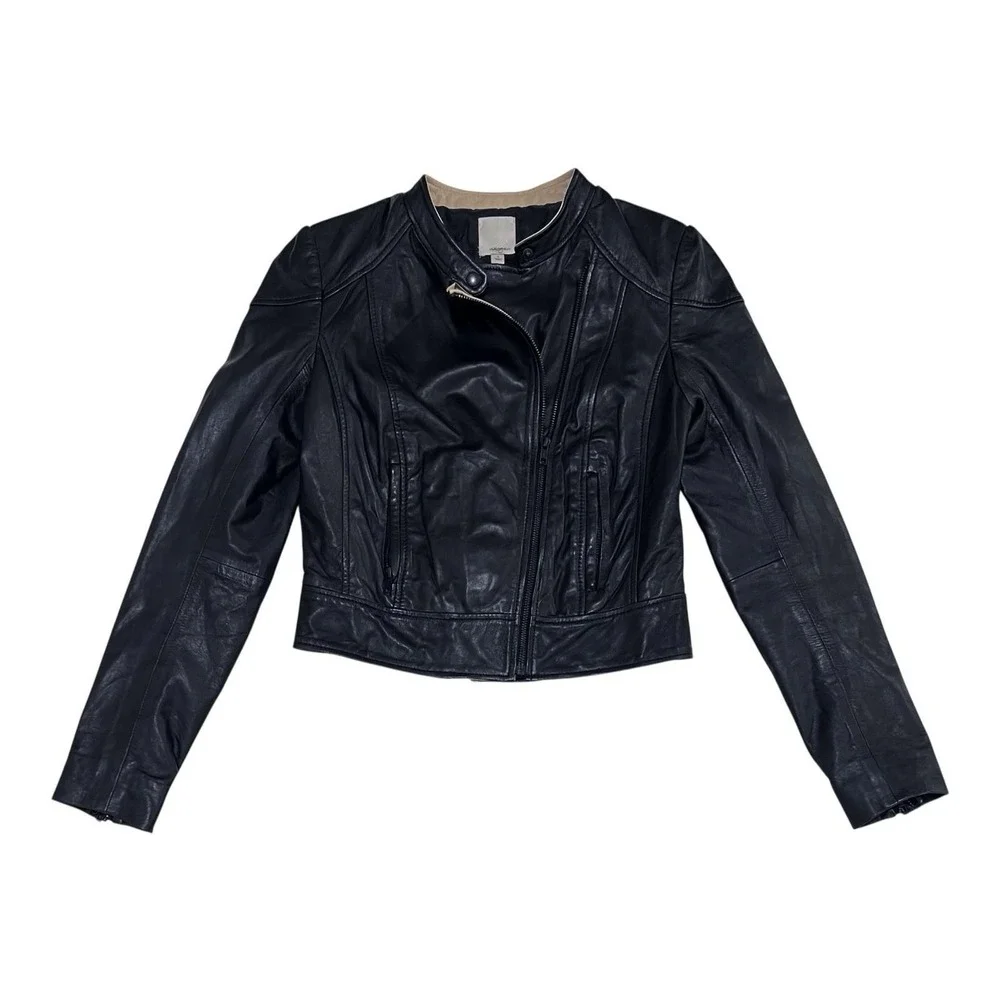 HALOGEN‎ Black Soft Leather Moto Jacket Cropped Fit Womens Small RETAIL $378